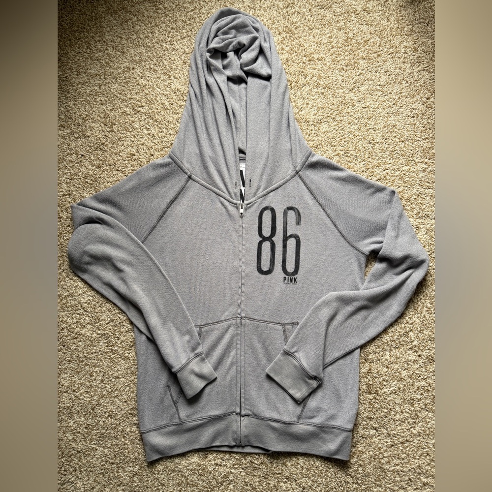 PINK Victoria's Secret Gray Knit Love Pink “86” Full Zip Hoodie (Rare) Large